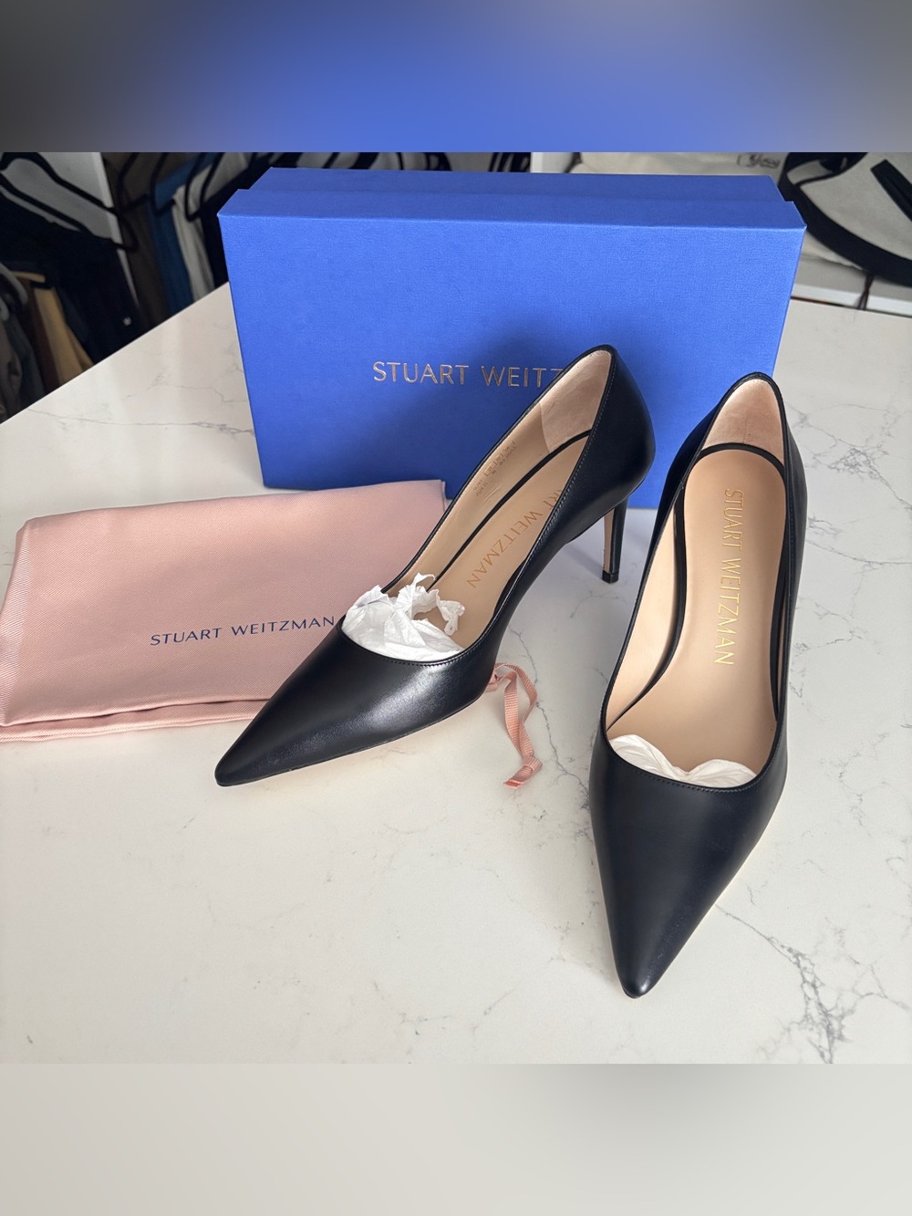 NIB Stuart Weitzman Stuart 75 Pointed Toe Pump Black Leather